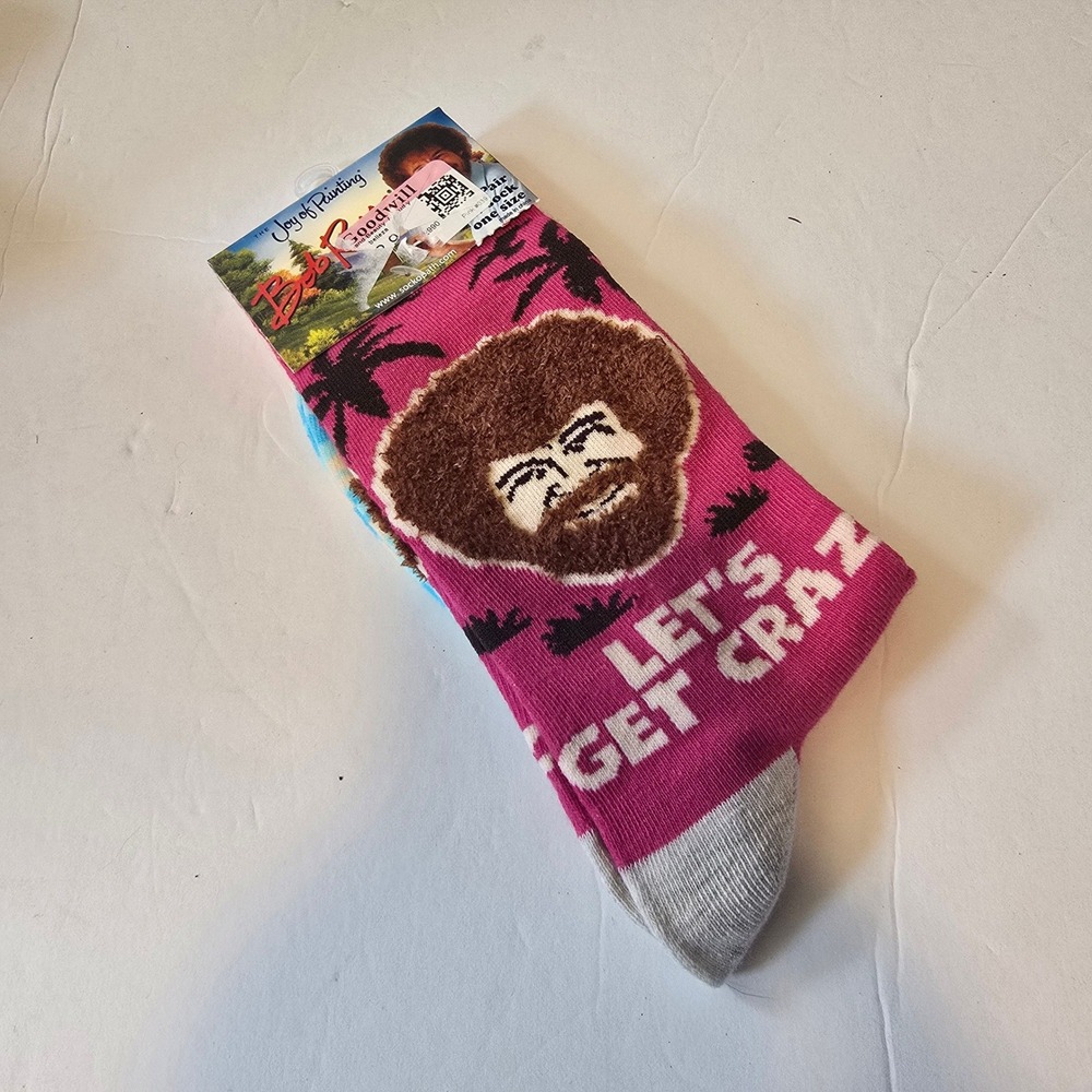 Bob Ross Crew Socks Unisex One‎ Size Pink Lets Get Crazy Joy of Painting Novelty